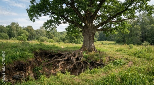 Ancient oak tree with exposed roots in a sunny meadow.