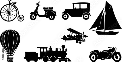 Vintage Transportation Vector Silhouettes Retro Vehicle Set