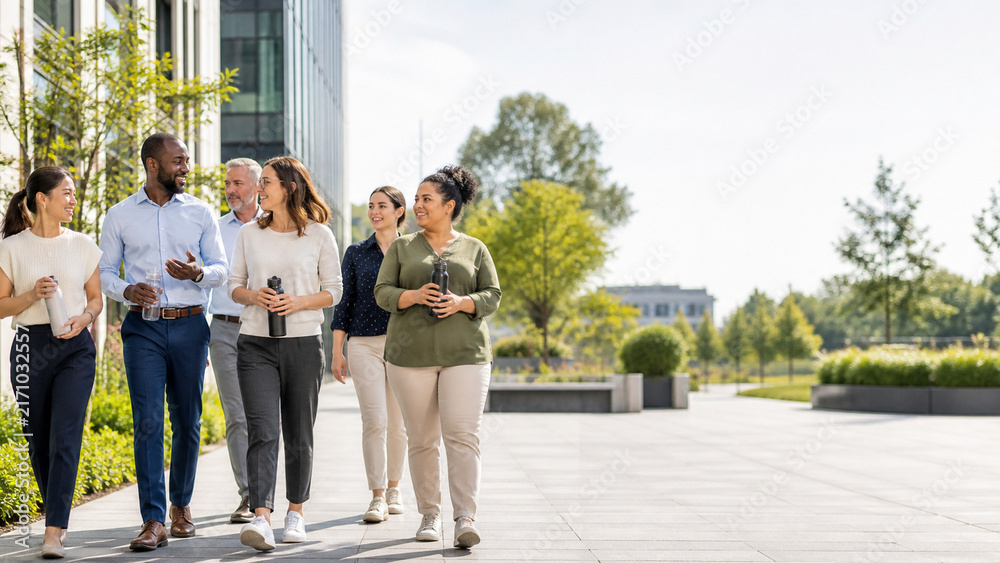 Fototapeta premium Smiling coworkers walk together outside a modern office building on a sunny day, carrying water bottles during a casual workplace break.