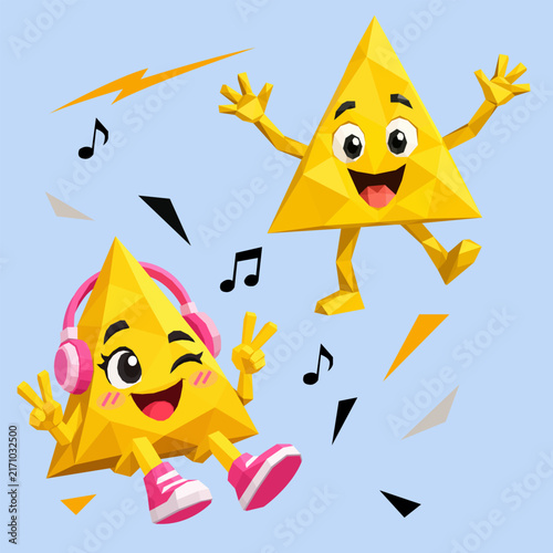 Cute geometric low-poly vector illustration of two yellow pyramid characters dancing and listening to music with pink headphones and floating notes on a light blue background.