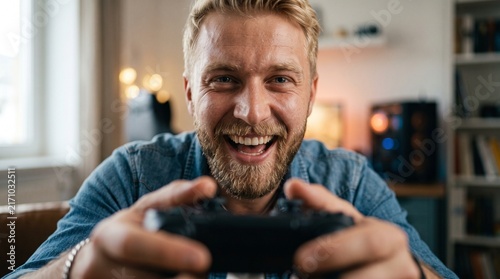 Excited Man Playing Video Game with Controller Smiling Widely at Camera