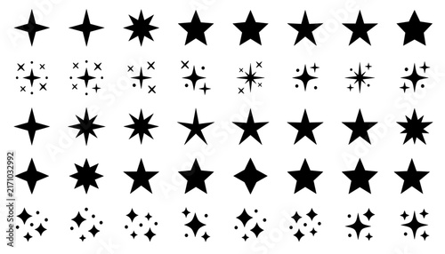 Black Silhouette Star Icon Set – Sparkle Shape & Twinkle Symbols