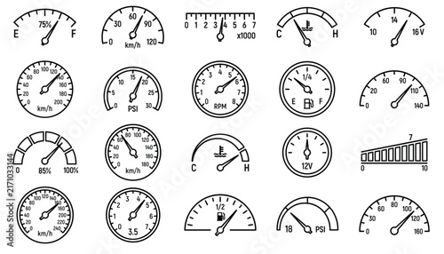 Vehicle Gauge & Meter Icon Set – Speedometer, Fuel, RPM, Voltage Line Icons