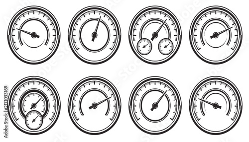  Round Gauge & Dial Icon Set – Multi-Dial Speedometer Line Icons Collection