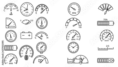 Dashboard Gauge & Meter Icon Set – Speedometer, Fuel, Battery, Temperature Line Icons