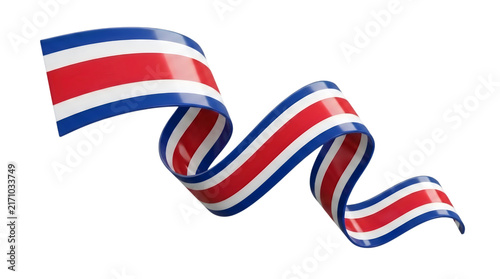 Costa Rica flag ribbon, glossy 3D waving national banner, curved patriotic streamer isolated on white background