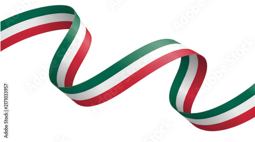 Mexican flag ribbon with green white and red stripes, wavy tricolor streamer, festive silk banner on white background