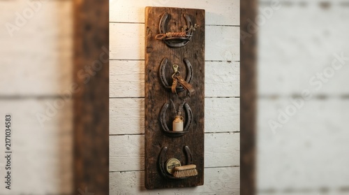 Close up of rustic wood horseshoe wall organizer.