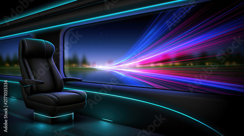 Luxury passenger cabin with leather seat and colorful light trails through panoramic window at night