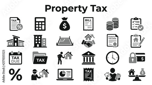 Canvastavla Set of property tax and real estate icons featuring financial symbols and house