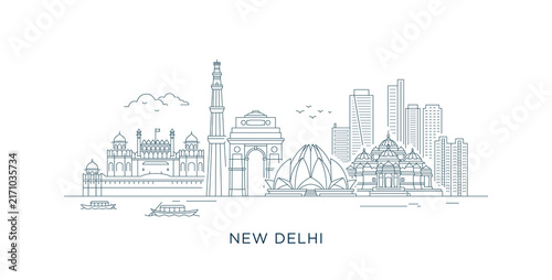 New Delhi Skyline Minimalist Line Art Vector with Editable Outline Strokes	