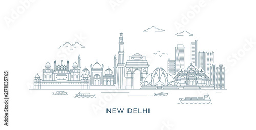 New Delhi Skyline Minimalist Line Art Vector with Editable Outline Strokes	