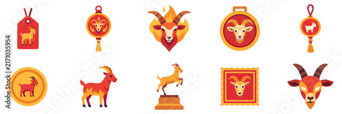 Foto Year of the Fire Goat icon set with zodiac symbols, flat illustrations