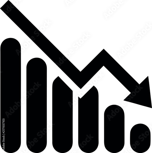 фотографія Black downward trend arrow over decreasing statistical bar chart graph icon