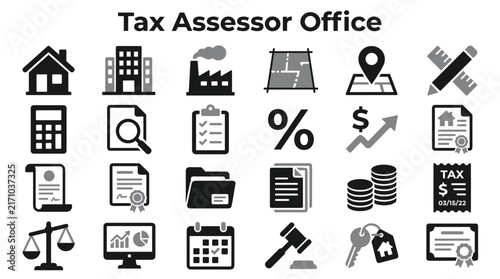 Bild auf Leinwand Set of tax assessor office icons including property evaluation real estate finan