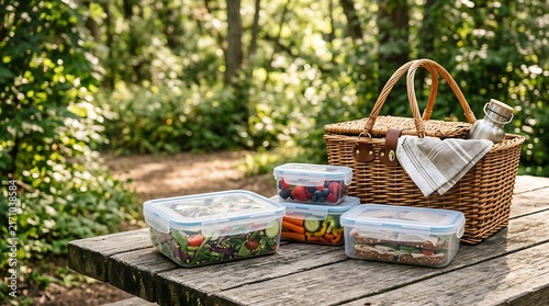 Wicker picnic basket with plastic food containers on a wooden table in a green summer forest. leak proof containers