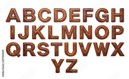 Vintage brown stitched leather alphabet letters set, isolated on transparent background, png