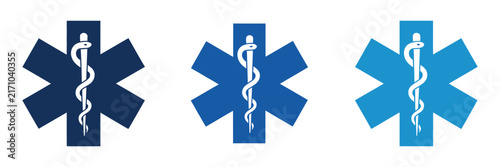 Blue Star of Life Medical Emergency Symbols Set with Rod of Asclepius, emergency healthcare emblem for paramedics, ambulance identification, rescue operations, medical treatment, and first aid service