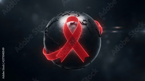 Red awareness ribbon wrapped around a dark globe sphere