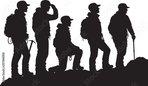 Silhouette of Five Hikers with Backpacks Resting on Mountain Summit Silhouette Vector Illustration Concept