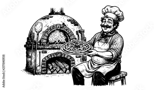 Obraz na plátně Jovial Vintage Pizza Chef Mascot with Oven Hand Drawn Vector Illustration