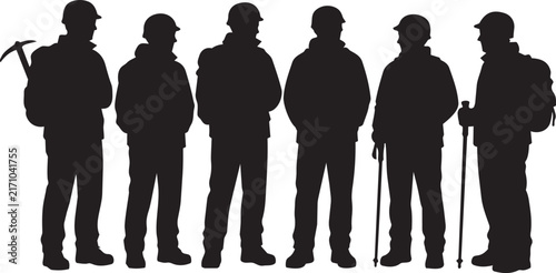 Group of Silhouette Hikers with Backpacks and Trekking Gear Standing Together in Nature Ready for Adventure
