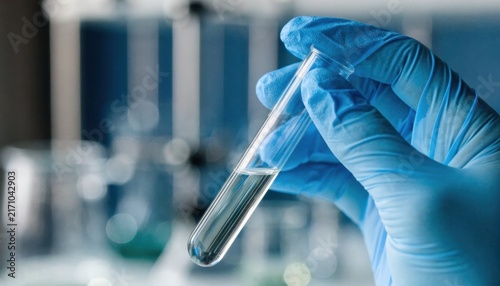 Gloved hand holding a test tube with clear liquid in a laboratory