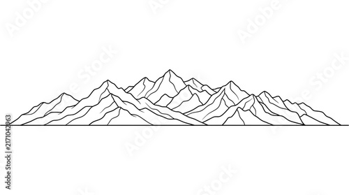 Minimalist Black and White Line Art Drawing of a Majestic Mountain Range Landscape