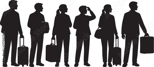 Silhouette People Waiting with Luggage and Briefcases - Modern Business Travelers Queue Concept Vector Illustration