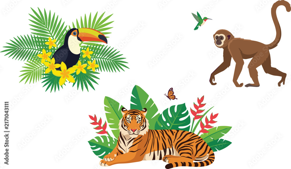 Fototapeta premium Tropical Jungle Animals Graphic Set Featuring Lying Bengal Tiger, Walking Gibbon Monkey, Toucan Bird with Yellow Flowers, Hummingbird, and Exotic Botanical Leaves