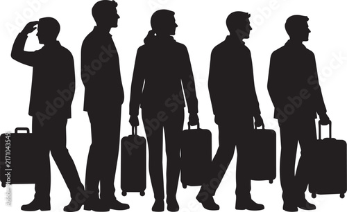 Silhouette Group of Business Travelers with Luggage Standing Together in Professional Business Attire for Corporate Travel Concept