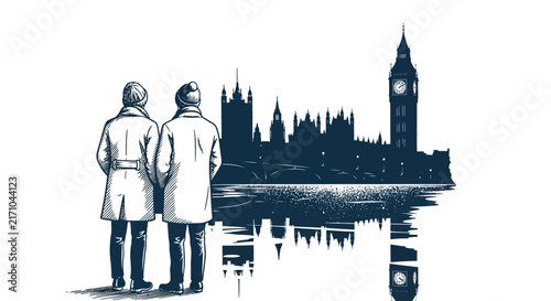 Two people in winter coats stand on a riverbank looking at the silhouette of the Houses of Parliament and Big Ben in London.