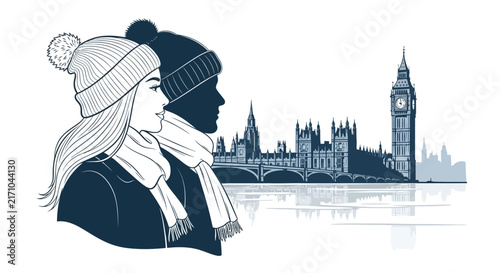 This elegant illustration captures a warmly dressed couple gazing towards London's iconic skyline with Big Ben and Parliament, symbolizing winter travel and adventure.