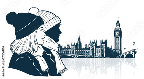 A stylish couple, bundled in winter clothing, admires the iconic London cityscape, featuring Big Ben and Parliament, beautifully reflected.