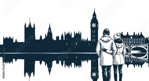A couple stands together looking at the silhouette of the London skyline featuring Big Ben and the Houses of Parliament reflected in the water.