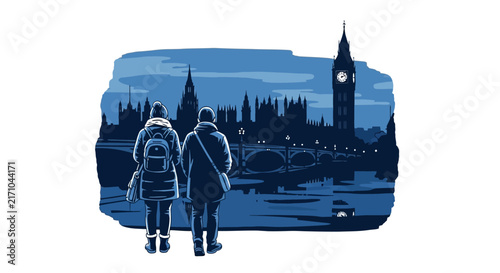 Two people wearing winter coats and carrying backpacks stand together while viewing the illuminated silhouette of the London skyline at night.