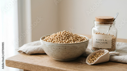 Raw organic soybeans in a ceramic bowl and glass jar on wooden table