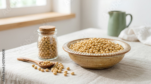 Healthy raw soybeans in a bowl and glass jar on kitchen table