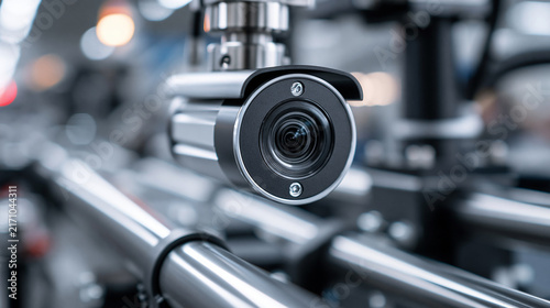 Close-up of a modern camera lens in a technological environment, showcasing precision and sleek design in industry.