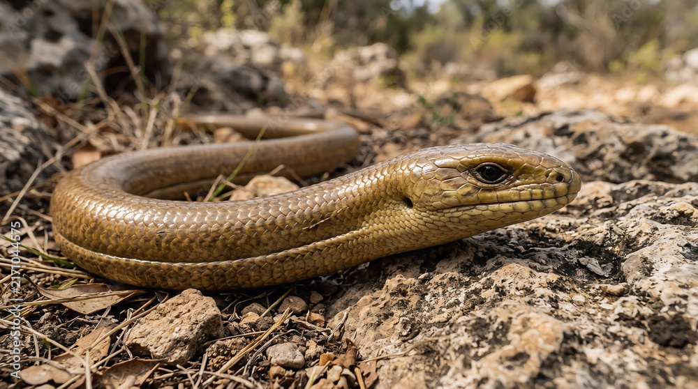 Fototapeta premium Legless brown lizard resting on coastal rocks with Mediterranean vegetation and sea cliffs in the background
