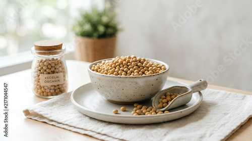 Organic soybeans in a ceramic bowl on a wooden table