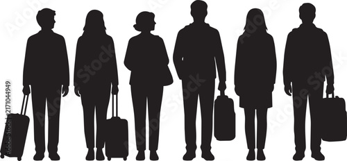 Silhouette Group of Travelers with Luggage - Business and Vacation Concept Vector Illustration