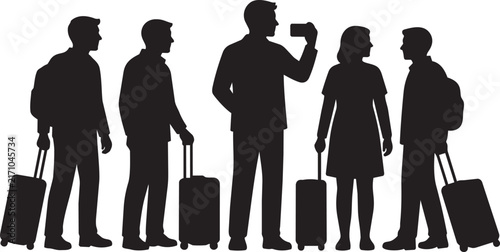 Modern Black Silhouette Travelers with Luggage - Business Trip or Vacation Group Concept Vector Illustration