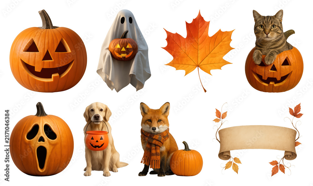 Fototapeta premium PNG Cute Halloween animals with pumpkins and autumn leaves, transparent background