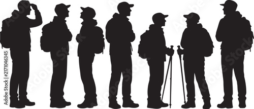 Silhouette Group of Hikers with Backpacks and Trekking Poles Standing Together in Nature Adventure Pose