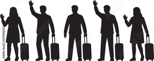 Set of Five Black Silhouette Travelers Waving with Luggage - Airport Departure or Arrival Concept Illustration