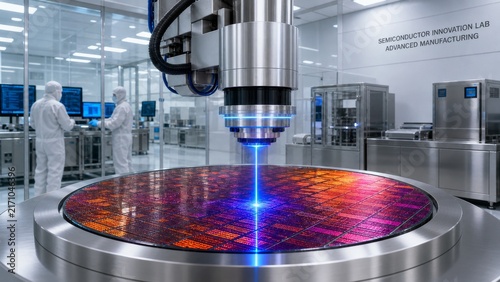 Semiconductor wafer on automated inspection stage inside advanced fabrication cleanroom