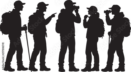 Group of Hikers with Backpacks and Cameras Exploring Nature - Outdoor Adventure Silhouette Vector Illustration