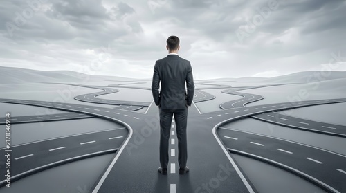 A professional man in a suit contemplating his future path among multiple diverging roads.