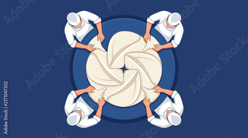 Four chefs in white uniforms are shown from a top-down perspective, working together to shape and fold a large circular piece of dough on a blue surface.